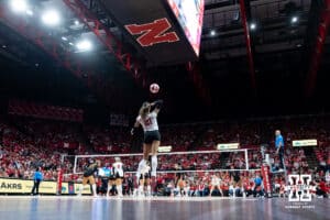 Nebraska Cornhusker outside hitter Skyler Pierce (21) serves the ball against the Ohio State Buckeyes during a volleyball match on Saturday, Nov. 29, 2025, in Lincoln, Nebraska. Photo by John S. Peterson.