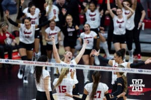 Nebraska Cornhusker setter Campbell Flynn (4) celebrates set point against the Ohio State Buckeyes during a volleyball match on Saturday, Nov. 29, 2025, in Lincoln, Nebraska. Photo by John S. Peterson.