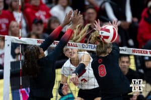 Nebraska Cornhusker opposite Allie Sczech (3) spikes the ball against the Ohio State Buckeyes during a volleyball match on Saturday, Nov. 29, 2025, in Lincoln, Nebraska. Photo by John S. Peterson.