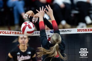 Nebraska Cornhusker outside hitter Harper Murray (27) dunks on Ohio State Buckeyes in the first set during a volleyball match on Saturday, Nov. 29, 2025, in Lincoln, Nebraska. Photo by John S. Peterson.