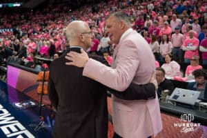 Creighton Bluejay head coach Greg McDermott and UCONN head coach Dan Hurley talk before a college basketball game against UCONN on Jan 31, 2026, in Omaha, Nebraska. Photo by Brandon Tiedemann