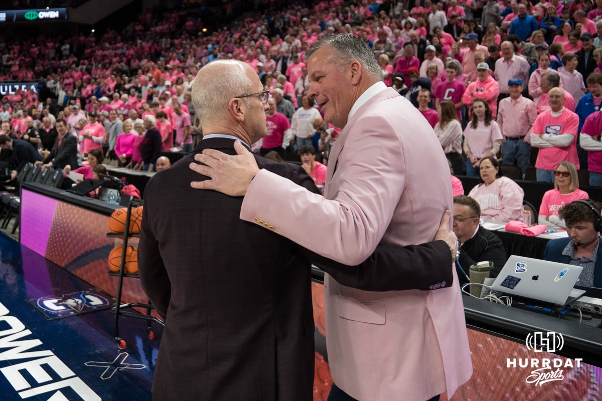 Creighton Bluejay head coach Greg McDermott and UCONN head coach Dan Hurley talk before a college basketball game against UCONN on Jan 31, 2026, in Omaha, Nebraska. Photo by Brandon Tiedemann