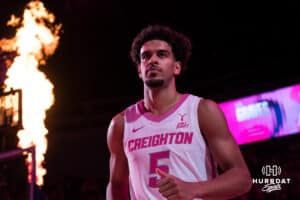 Creighton Bluejay Nik Graves (5) gets introduced during a college basketball game against UCONN on Jan 31, 2026, in Omaha, Nebraska. Photo by Brandon Tiedemann