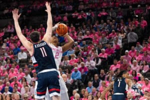 Creighton Bluejay Blake Harper (2) gets fouled by Alex Karaban (11) during a college basketball game against UCONN on Jan 31, 2026, in Omaha, Nebraska. Photo by Brandon Tiedemann