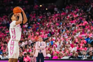 Creighton Bluejay Jasen Green (0 shoots a three pointer during a college basketball game against UCONN on Jan 31, 2026, in Omaha, Nebraska. Photo by Brandon Tiedemann