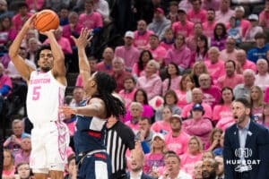 Creighton Bluejay Nik Graves (5) shoots a three pointer during a college basketball game against UCONN on Jan 31, 2026, in Omaha, Nebraska. Photo by Brandon Tiedemann