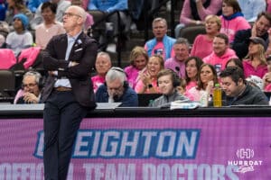 UCONN head coach Dan Hurley during a college basketball game against the Creighton Bluejays on Jan 31, 2026, in Omaha, Nebraska. Photo by Brandon Tiedemann