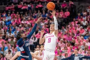 Creighton Bluejay Ty Davis (9) shoots over Malachi Smith (0) during a college basketball game against UCONN on Jan 31, 2026, in Omaha, Nebraska. Photo by Brandon Tiedemann
