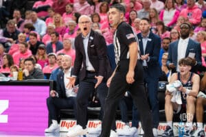 UCONN head coach Dan Hurley yells during a college basketball game against the Creighton Bluejays on Jan 31, 2026, in Omaha, Nebraska. Photo by Brandon Tiedemann