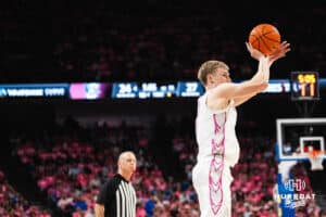 Creighton Bluejay Josh Dix (4) shoots a three pointer during a college basketball game against UCONN on Jan 31, 2026, in Omaha, Nebraska. Photo by Brandon Tiedemann