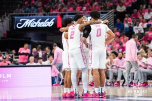 Creighton Bluejays huddle during a college basketball game against UCONN on Jan 31, 2026, in Omaha, Nebraska. Photo by Brandon Tiedemann