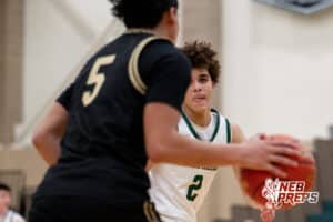 Lincoln Southwest defender Uzziah Sanders (2) watches Lincoln Southeast guard Jayvis Johnson (5) during a high school basketball game, Thursday, Jan. 29, 2026, Lincoln, Nebraska. Photo by Braden Cochran.