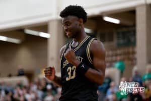 Lincoln Southeast power forward Prospedi Mukendi (30) celebrates after drawing a foul against Lincoln Southwest on Friday, Jan. 30, 2026, in Lincoln, Nebraska. Photo by Braden Cockran.