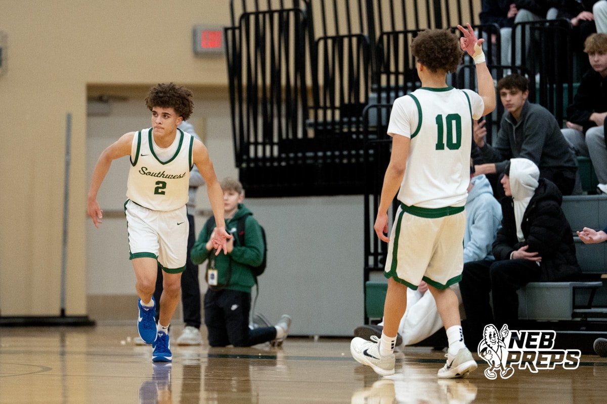 Lincoln Southeast Silverhawk twins Uzziah Sanders (2) and Makkiah Sanders (10) celebrate a three pointer made by Uzziah against Lincoln Southeastduring a high school basketball game, Thursday, Jan. 29, 2026, Lincoln, Nebraska. Photo by Braden Cochran.
