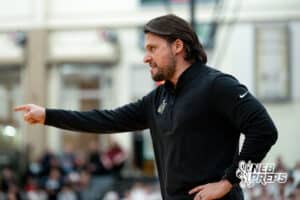 Lincoln Southeast head coach Joey Werning points out where he would like his players to go on the court against Lincoln Southwest during a high school basketball game, Thursday, Jan. 29, 2026, Lincoln, Nebraska. Photo by Braden Cochran.