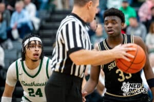 Lincoln Southwest forward Kobi Kerr (24) prepares for the tip-off with Lincoln Southeast power forward Prospedi Mukendi (33) during a high school basketball game on Thursday, Jan. 29, 2026, in Lincoln, Nebraska. Photo by Braden Cochran.