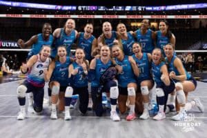 Omaha Supernovas pose for a photo after the win over the San Diego Mojo in five sets during a professional volleyball match Friday, Jan. 30, 2026, in Omaha, Nebraska. Photo by John S. Peterson.