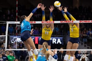 Omaha Supernovas Reagan Cooper (8) spikes the ball for match point against the San Diego Mojo in the fifth set during a professional volleyball match Friday, Jan. 30, 2026, in Omaha, Nebraska. Photo by John S. Peterson.