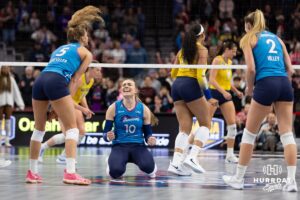 Omaha Supernovas Kiara Reinhardt (10) celebrates a kill in the fifth set against the San Diego Mojo during a professional volleyball match Friday, Jan. 30, 2026, in Omaha, Nebraska. Photo by John S. Peterson.