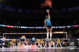 Omaha Supernovas Merritt Beason (13) serves the ball against the San Diego Mojoin the fifth set during a professional volleyball match Friday, Jan. 30, 2026, in Omaha, Nebraska. Photo by John S. Peterson.