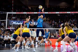 Omaha Supernovas Kiara Reinhardt (10) reaches for the block against the San Diego Mojo in the fourth set during a professional volleyball match Friday, Jan. 30, 2026, in Omaha, Nebraska. Photo by John S. Peterson.