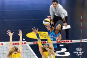 Omaha Supernovas Reagan Cooper (8) spikes the ball against the San Diego Mojo during a professional volleyball match Friday, Jan. 30, 2026, in Omaha, Nebraska. Photo by John S. Peterson.