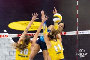 Omaha Supernovas Reagan Cooper (8) spikes the ball against the San Diego Mojo in the third set during a professional volleyball match Friday, Jan. 30, 2026, in Omaha, Nebraska. Photo by John S. Peterson.