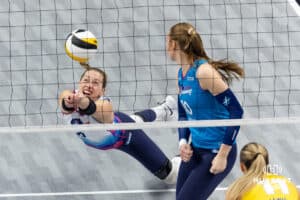 Omaha Supernovas Morgan Hentz (9) makes a save against the San Diego Mojo in the third set during a professional volleyball match Friday, Jan. 30, 2026, in Omaha, Nebraska. Photo by John S. Peterson.