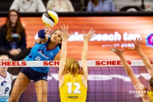 Omaha Supernovas Reagan Cooper (8) spieks the ball against the San Diego Mojo in the third set during a professional volleyball match Friday, Jan. 30, 2026, in Omaha, Nebraska. Photo by John S. Peterson.
