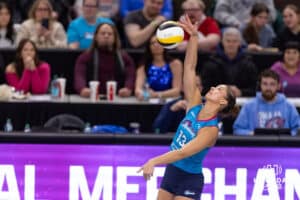 Omaha Supernovas Merritt Beason (13) spikes the ball against the San Diego Mojo in the second set during a professional volleyball match Friday, Jan. 30, 2026, in Omaha, Nebraska. Photo by John S. Peterson.