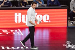 Omaha Supernovas head coach Luka Slabe gives a first pump against the San Diego Mojo in the second set during a professional volleyball match Friday, Jan. 30, 2026, in Omaha, Nebraska. Photo by John S. Peterson.