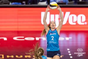 Omaha Supernovas Sydney Hilley (2) sets teh ball against the San Diego Mojo in the second set during a professional volleyball match Friday, Jan. 30, 2026, in Omaha, Nebraska. Photo by John S. Peterson.