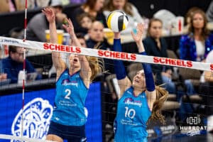 Omaha Supernovas Kiara Reinhardt (10) blocks the ball against the San Diego Mojo in the second set during a professional volleyball match Friday, Jan. 30, 2026, in Omaha, Nebraska. Photo by John S. Peterson.