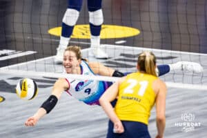 Omaha Supernovas Morgan Hentz (9) dive for a save against the San Diego Mojo in the second set during a professional volleyball match Friday, Jan. 30, 2026, in Omaha, Nebraska. Photo by John S. Peterson.