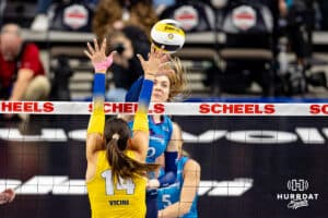 Omaha Supernovas Kiara Reinhardt (10) spikes the ball against San Diego Mojo McKenna Vicini (14) in the second set during a professional volleyball match Friday, Jan. 30, 2026, in Omaha, Nebraska. Photo by John S. Peterson.