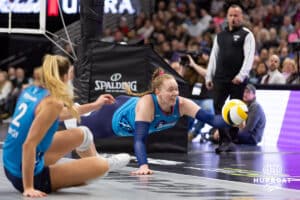 Omaha Supernovas Emily Londot (27) makes a diving save against the San Diego Mojo in the first set during a professional volleyball match Friday, Jan. 30, 2026, in Omaha, Nebraska. Photo by John S. Peterson.