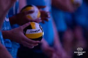 Omaha Supernovas Merritt Beason (13) signed the mini volleyball to throw out to the fans before taking on the San Diego Mojo during a professional volleyball match Friday, Jan. 30, 2026, in Omaha, Nebraska. Photo by John S. Peterson.
