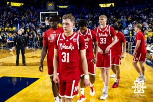 Nebraska Cornhuskers head back to the locker room after the loss to the Michigan Wolverines during a college men’s basketball game Tuesday, Jan. 27, 2026, in Ann Arbor, Michigan. Photo by John S. Peterson.