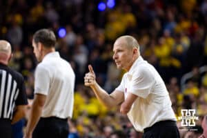 Nebraska Cornhusker assistant coach Nate Loenser gives a thumbs up to the players against the Michigan Wolverines in the second half during a college men’s basketball game Tuesday, Jan. 27, 2026, in Ann Arbor, Michigan. Photo by John S. Peterson.