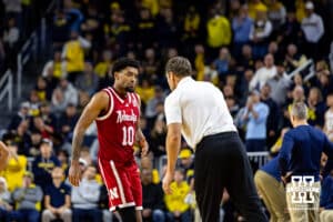 Nebraska Cornhusker head coach Fred Hoiberg talks to Jamarques Lawrence in the second half against the Michigan Wolverines during a college men’s basketball game Tuesday, Jan. 27, 2026, in Ann Arbor, Michigan. Photo by John S. Peterson.