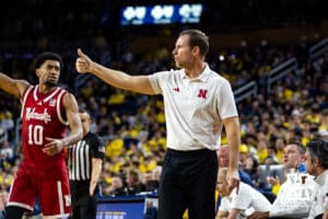 Nebraska Cornhusker head coach Fred Hoiberg gives a thumbs up signal against the Michigan Wolverines in the second half during a college men’s basketball game Tuesday, Jan. 27, 2026, in Ann Arbor, Michigan. Photo by John S. Peterson.