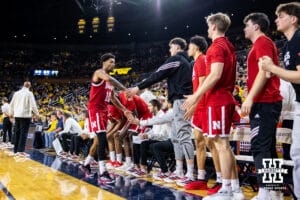 Nebraska Cornhusker guard Jamarques Lawrence (10) takes a seat on the bench for a breather against the Michigan Wolverines in the second half during a college men’s basketball game Tuesday, Jan. 27, 2026, in Ann Arbor, Michigan. Photo by John S. Peterson.