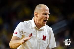 Nebraska Cornhusker assistant coach Nate Loenser giving the players some motivation in the second half against the Michigan Wolverines during a college men’s basketball game Tuesday, Jan. 27, 2026, in Ann Arbor, Michigan. Photo by John S. Peterson.