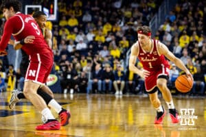 Nebraska Cornhusker guard Sam Hoiberg (1) dribbles the ball against the Michigan Wolverines in the second half during a college men’s basketball game Tuesday, Jan. 27, 2026, in Ann Arbor, Michigan. Photo by John S. Peterson.