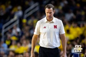 Nebraska Cornhusker head coach Fred Hoiberg walking along the sideline against the Michigan Wolverines in the second half during a college men’s basketball game Tuesday, Jan. 27, 2026, in Ann Arbor, Michigan. Photo by John S. Peterson.
