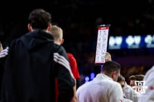 Nebraska Cornhuskers match ups for the start of the second half against the Michigan Wolverines during a college men’s basketball game Tuesday, Jan. 27, 2026, in Ann Arbor, Michigan. Photo by John S. Peterson.
