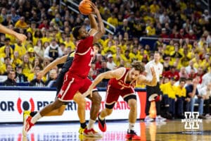 Nebraska Cornhusker forward Jared Garcia (15) grabs the ball against the Michigan Wolverines in the first half during a college men’s basketball game Tuesday, Jan. 27, 2026, in Ann Arbor, Michigan. Photo by John S. Peterson.