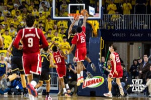 Nebraska Cornhusker forward Jared Garcia (15) blocks a lay up against Michigan Wolverine guard Nimari Burnett (4) in the first half during a college men’s basketball game Tuesday, Jan. 27, 2026, in Ann Arbor, Michigan. Photo by John S. Peterson.