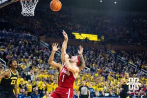 Nebraska Cornhusker guard Sam Hoiberg (1) makes a lay up against the Michigan Wolverines in the first half during a college men’s basketball game Tuesday, Jan. 27, 2026, in Ann Arbor, Michigan. Photo by John S. Peterson.