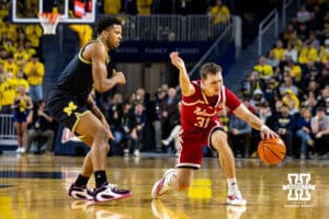 Nebraska Cornhusker guard Cale Jacobsen (31) fouled by Michigan Wolverine guard Trey McKenney (1) in the first half during a college men’s basketball game Tuesday, Jan. 27, 2026, in Ann Arbor, Michigan. Photo by John S. Peterson.